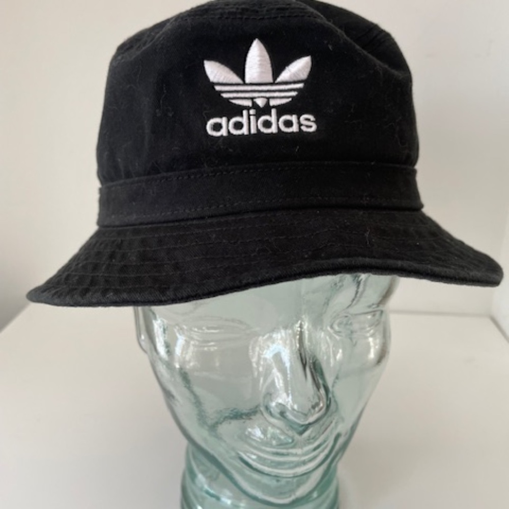 Adidas Originals Washed Bucket Hat in black cotton with an embroidered Trefoil